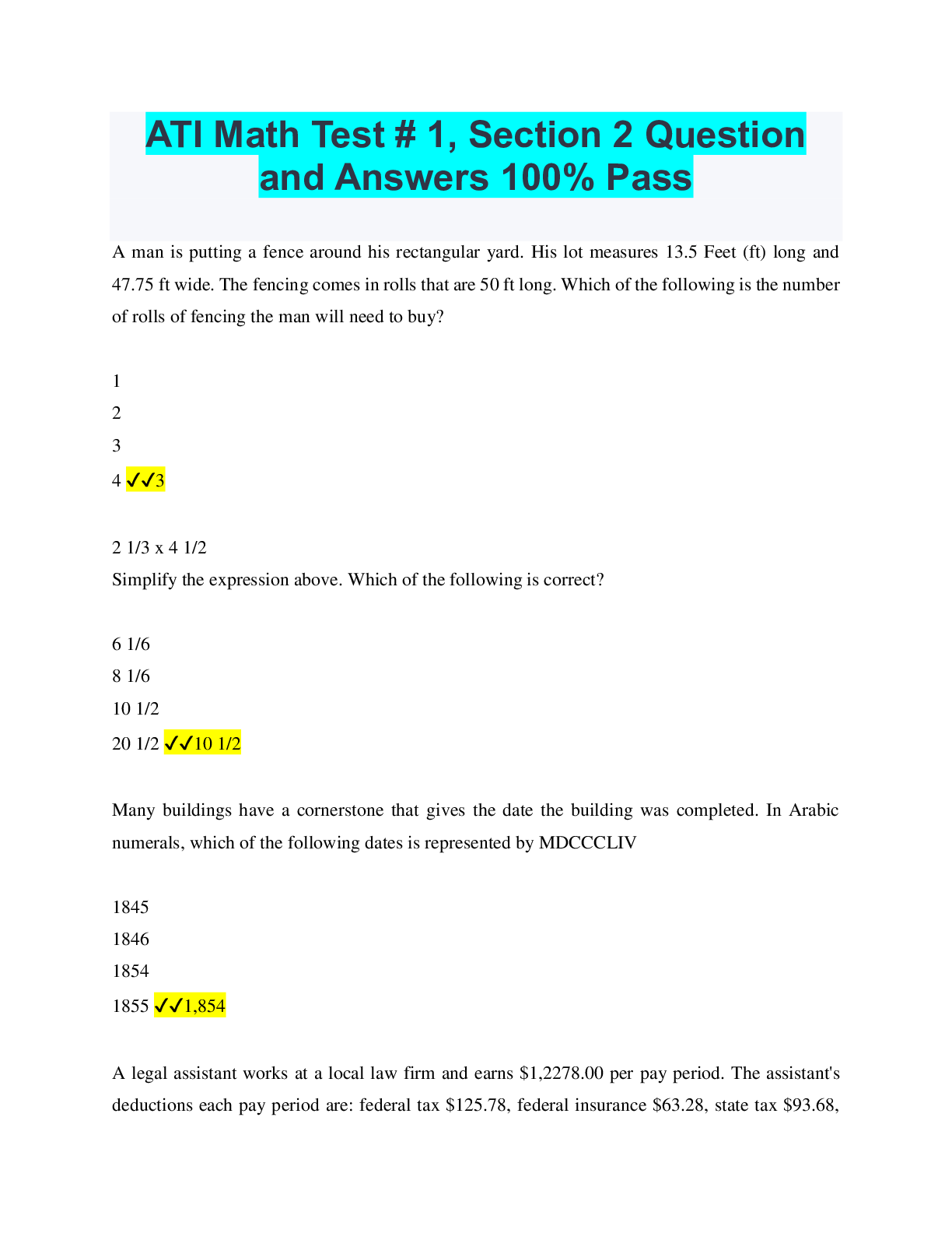 Preview image of ATI Math Test # 1, Section 2 Question and Answers 100% Pass document